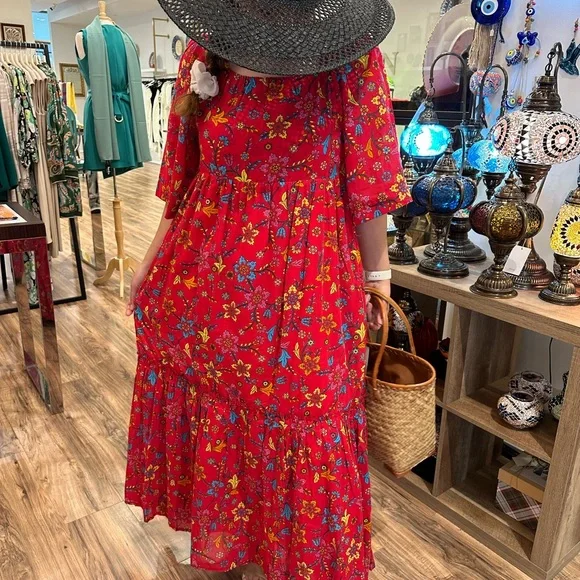 Cicek maxi red cotton dress, %100 cotton, cotton lined,